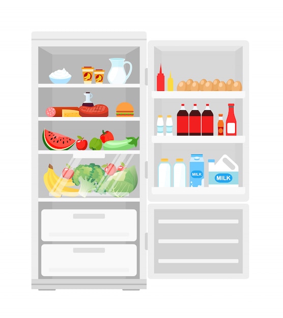 食品の完全な開いた冷蔵庫のイラスト 冷蔵庫 果物と野菜 牛乳と卵 フラットスタイルの健康食品の製品がたくさん プレミアムベクター
