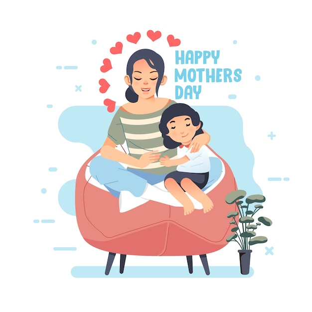 彼女の娘と彼女の母親の膝の上に座っている母のイラスト 幸せな母の日のグリーティングカード グリーティングカード ポスター その他に使用 プレミアムベクター