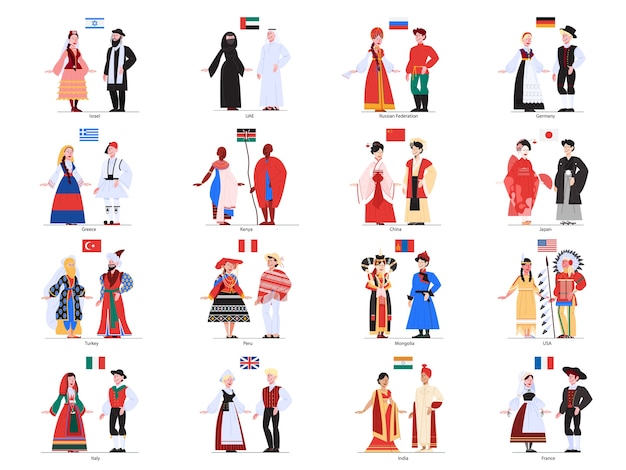 民族衣装で立っている多文化人のイラスト プレミアムベクター