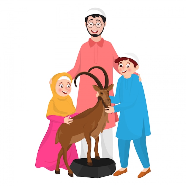 彼の子供と動物のヤギのキャラクターとイスラム教徒の男性のイラスト プレミアムベクター