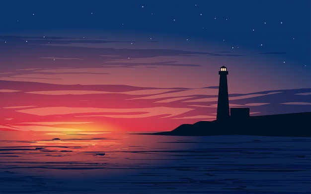 灯台と海で夜のイラスト プレミアムベクター