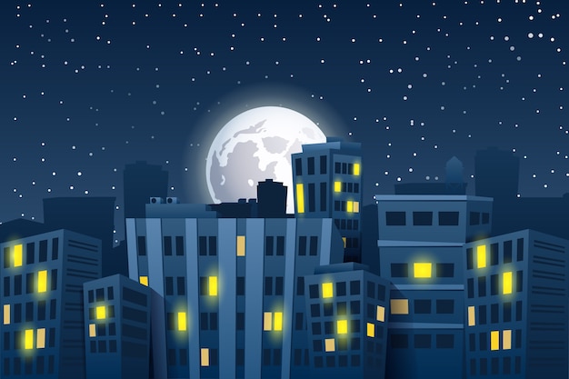 月と夜の街並みのイラスト プレミアムベクター