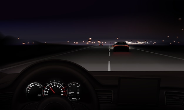 街の明かりの背景に車からのリアルなハンドルビューと夜道のイラスト プレミアムベクター