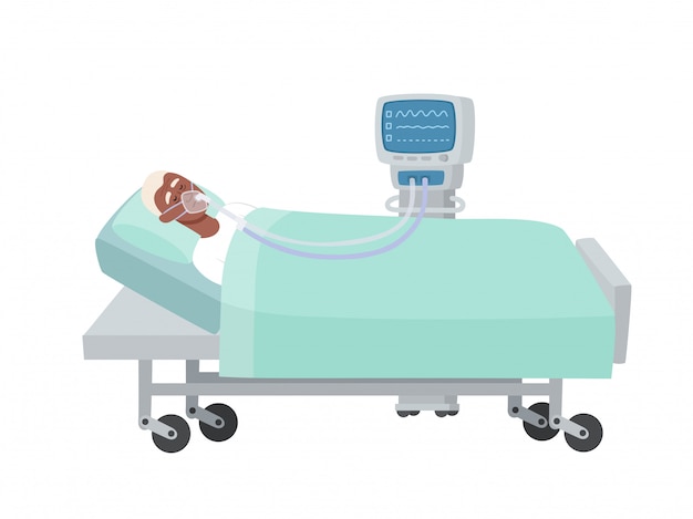 酸素マスクと人工呼吸器を白で隔離される病院のベッドで横になっているアフリカ老人のイラスト 雑誌 ウェブページに使用されたコロナウイルス感染中の蘇生中の男 プレミアムベクター
