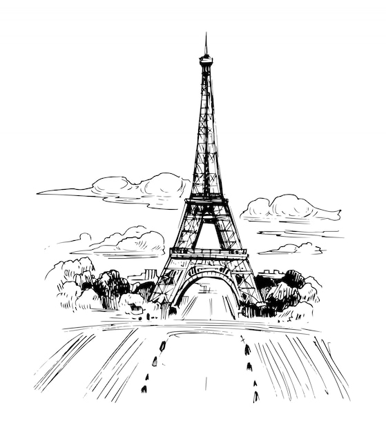 エッフェル塔とパリのイラスト 手描きのインクスケッチ プレミアムベクター