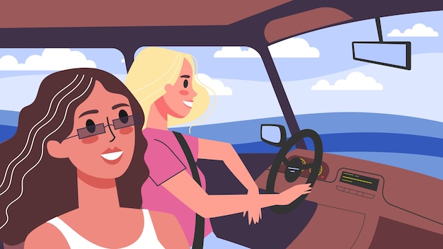車内の人のイラスト 車を運転する女性キャラクター 途中で車の中で友達 プレミアムベクター