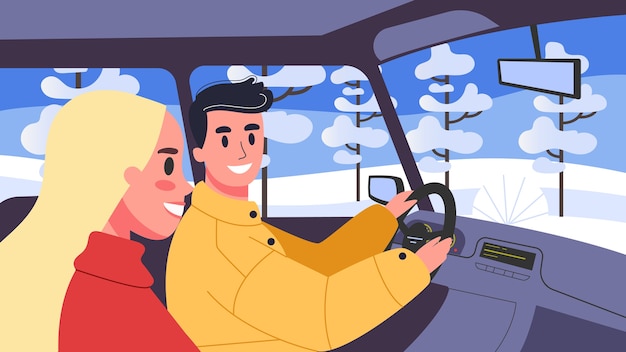 車内の人のイラスト 妻と車を運転する男性キャラクター 家族旅行 途中の男女 プレミアムベクター