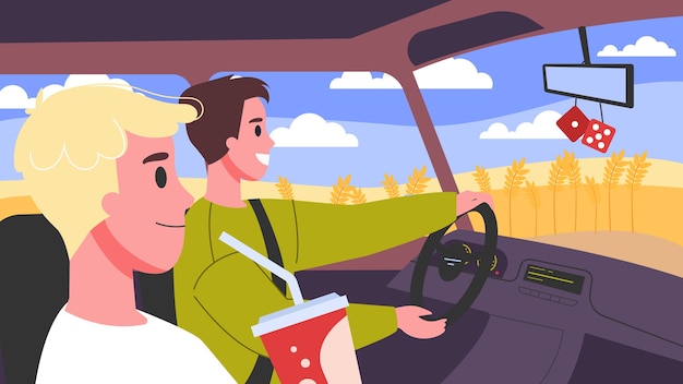 車内の人のイラスト 車を運転する男性キャラクター 途中で車の中で友達 プレミアムベクター