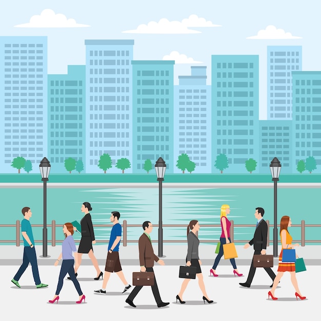 Illustration of People Walking on Street Vector Premium Download