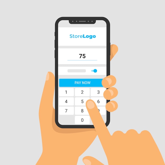 手に電話のイラスト スマホ画面で購入代金を支払うためのアプリ 画面キーボードで金額を入力します タッチディスプレイ付きの指 プレミアムベクター