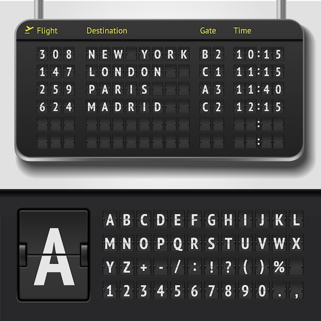 現実的な空港の時刻表とスコアボードのアルファベットのイラスト プレミアムベクター