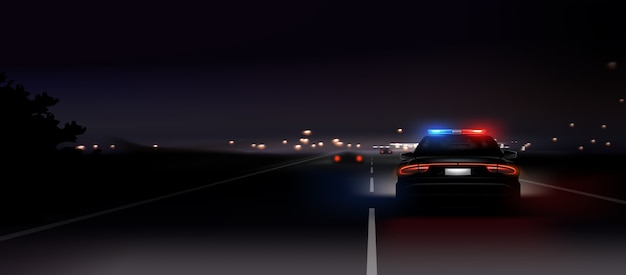 夜の背景にリアルなパトカーのグローバックヘッドライトのイラスト プレミアムベクター