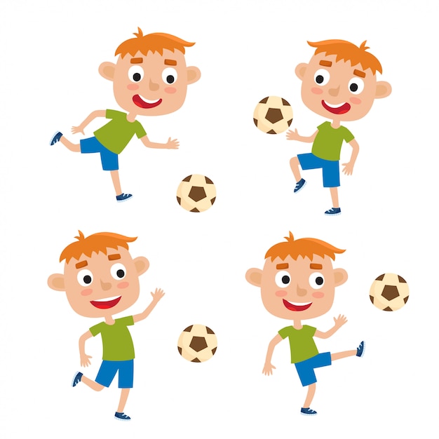 シャツと短いサッカーで赤毛の男の子のイラスト 白い背景で隔離のサッカーボールを蹴るかわいい漫画の子供たちのセット プレミアムベクター