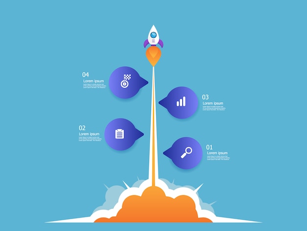 プレミアムベクター ロケットランチャービジネススタートアップ垂直タイムラインインフォグラフィック4ステップのベクトルの背景のイラスト