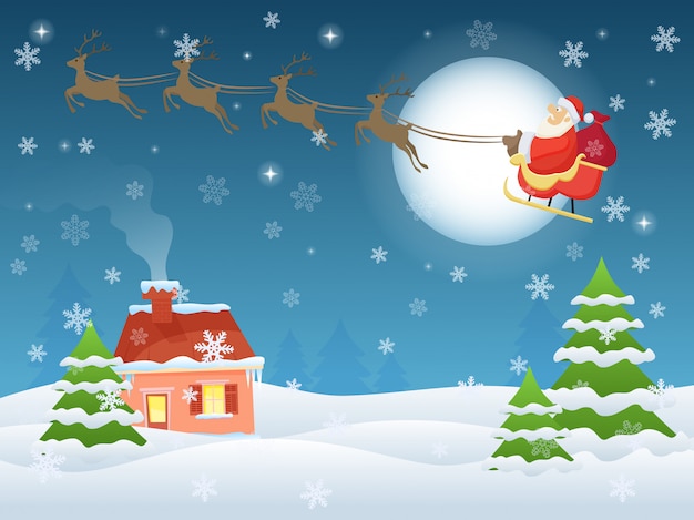 夜の家と木の上を飛んでサンタクロースのイラスト クリスマスイブの風景グリーティングカード プレミアムベクター
