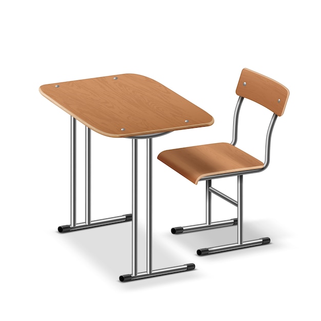 学校の机と椅子のイラスト 透視側面図 白い背景で隔離 プレミアムベクター