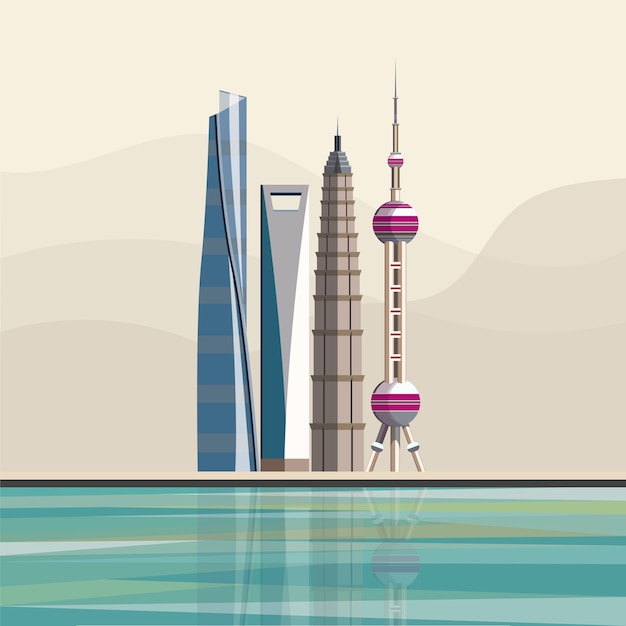 上海のランドマークの高層ビルのイラスト 無料のベクター