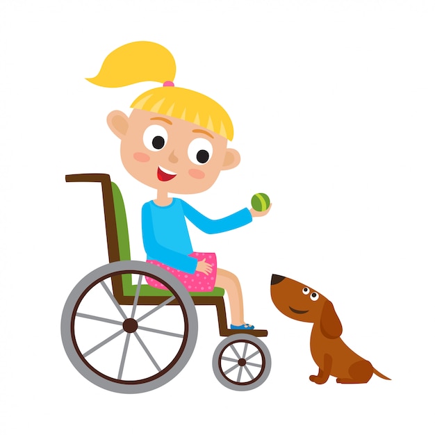 犬と遊ぶ車椅子のボールで笑顔のブロンディ少女のイラスト プレミアムベクター
