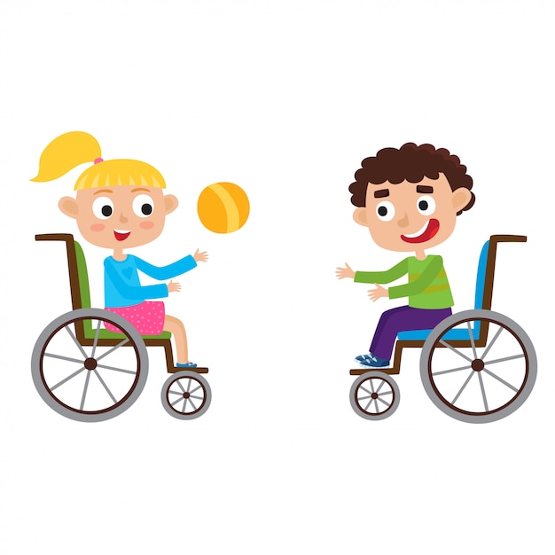 男の子と女の子が白で隔離のボールで遊んで車椅子に笑みを浮かべてのイラスト 漫画の幸せな無効カーリーボーイとブロンディの女の子 プレミアムベクター