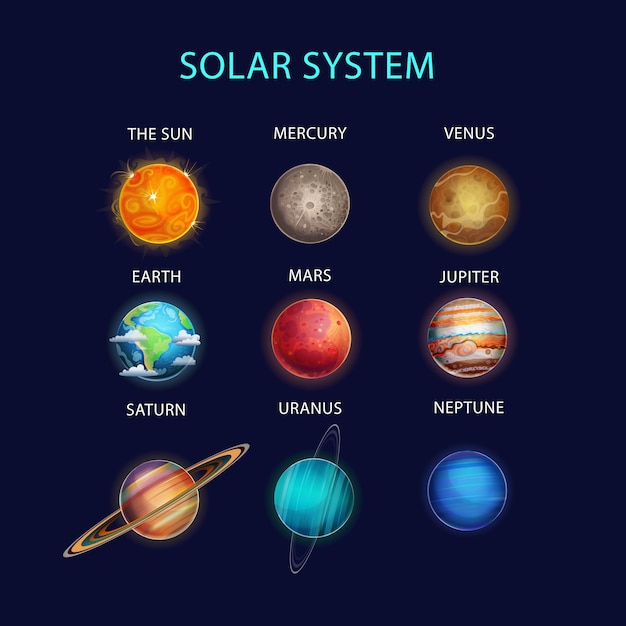 惑星と太陽系のイラスト 太陽 水星 金星 地球 火星 木星 土星 天王星 海王星 プレミアムベクター