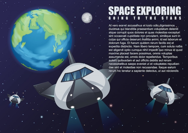 地球から宇宙空間に飛ぶ宇宙船のイラスト 銀河探索 プレミアムベクター