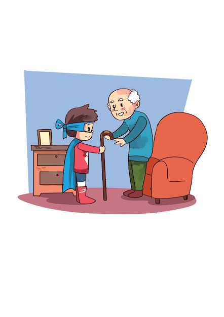 古いおじいちゃんを助けるスーパーヒーローの子供のイラスト プレミアムベクター