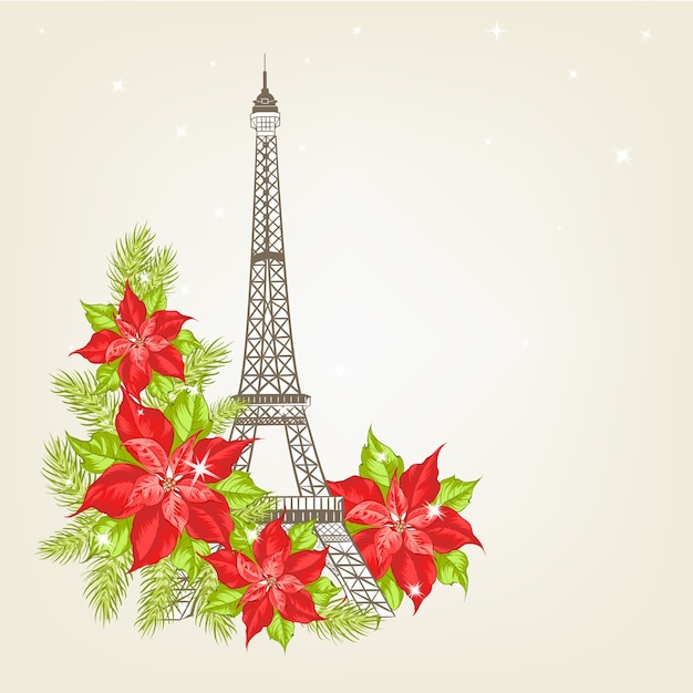 クリスマスの花とビンテージ背景にエッフェル塔のイラスト 無料のベクター