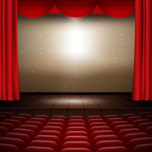 赤いカーテン 座席の列 木製のシーンで映画館の映画館の内部のイラスト プレミアムベクター