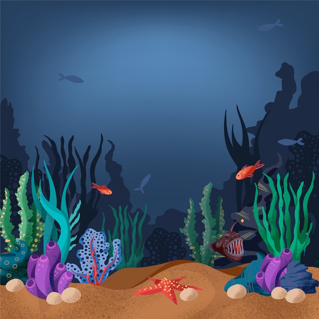 魚と海の植物と海底のイラスト プレミアムベクター
