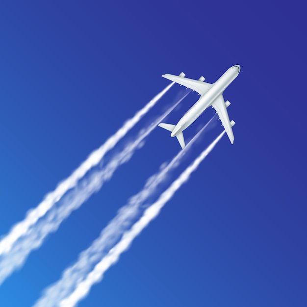 飛行機の痕跡のイラスト 澄んだ青い空にジェット飛行機雲がクローズアップ プレミアムベクター