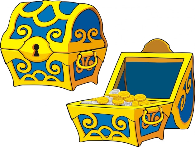 ゲームインターフェイスのための宝箱のイラスト コインで閉じられた プレミアムベクター