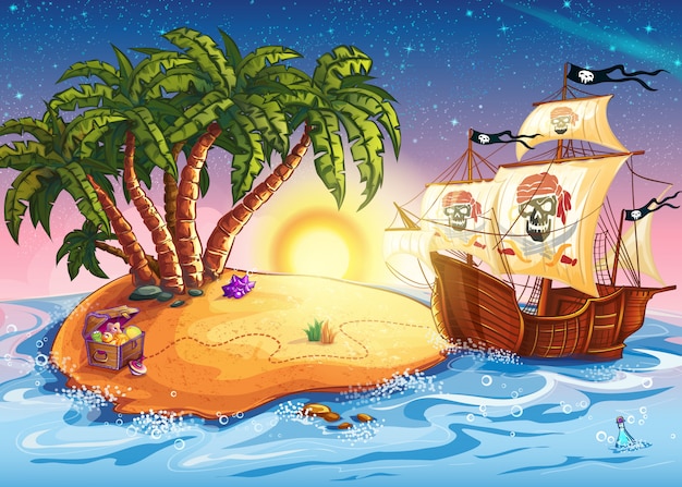 宝島と海賊船のイラスト プレミアムベクター