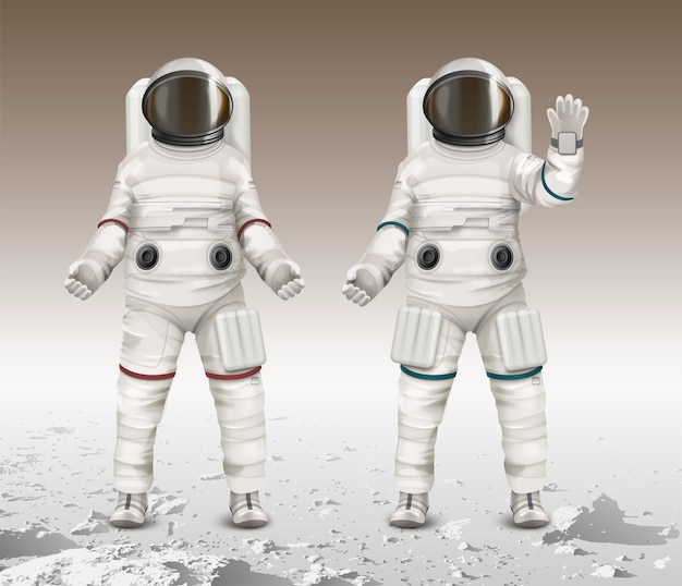 宇宙服を着た2人の宇宙飛行士のイラスト プレミアムベクター