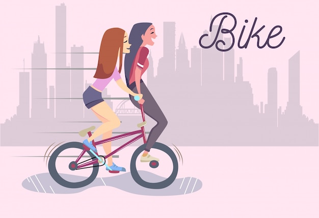 自転車に乗って2つのかわいいおしゃれな女の子のイラスト プレミアムベクター