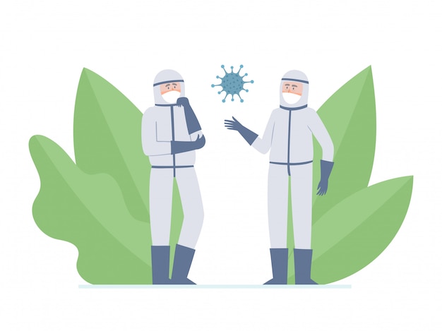 2人の医師 科学者と白で隔離されるコロナウイルスのイラスト 都市の大気汚染 コロナウイルス 装飾植物の防止マスクで医療従事者を考える プレミアムベクター