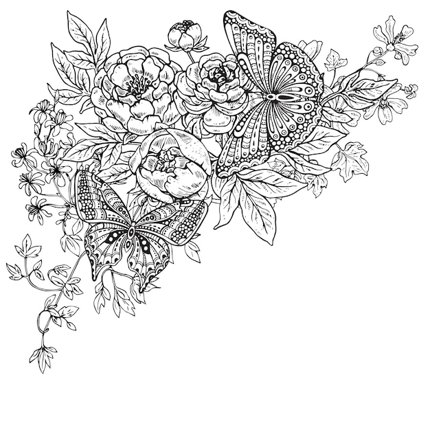 2つの手のイラストは牡丹の花の花束と他の植物にグラフィックの蝶を描いた プレミアムベクター