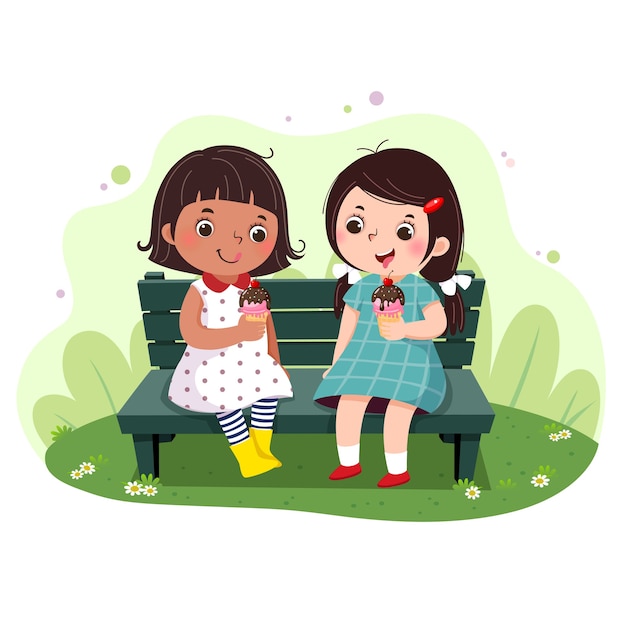 ベンチでアイスクリームを食べる2人の少女のイラスト プレミアムベクター