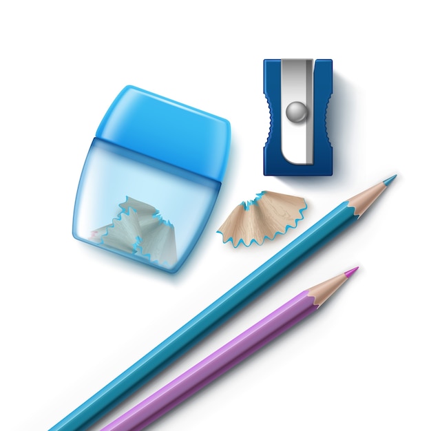 2本の鉛筆と鉛筆削りのイラストと削りくずの異なる形 プレミアムベクター