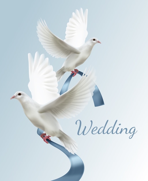 青いリボンと2つの白い鳩のイラスト結婚式の招待状の概念 プレミアムベクター