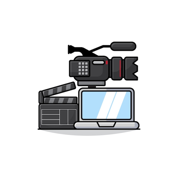 プレミアムベクター ノートパソコン カメラ クラッパーのアイコンが付いたビデオおよびフィルム制作機器のイラスト