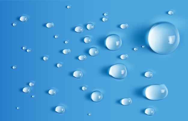 水滴のイラストは 青い背景で隔離の反射と異なるサイズ プレミアムベクター