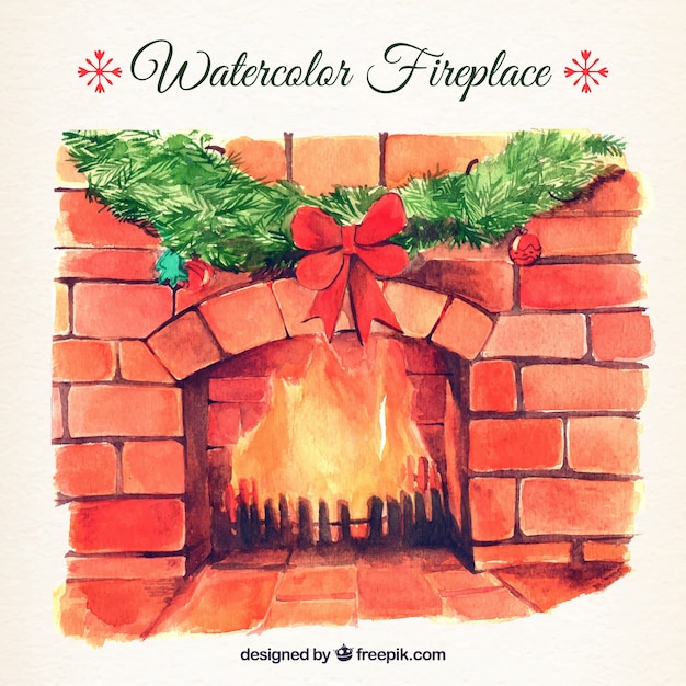 クリスマスオーナメントと水彩画の暖炉のイラスト 無料のベクター