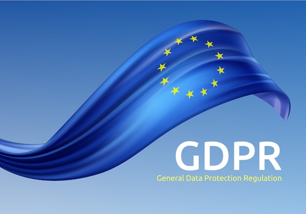 Gdpr 青い背景の一般データ保護規則で欧州連合の旗を振るイラスト プレミアムベクター