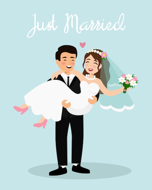 結婚式のカップルの新郎新婦のイラスト ちょうど結婚されていたカップル 幸せな新郎は花嫁 漫画フラットスタイルを保持しています プレミアムベクター