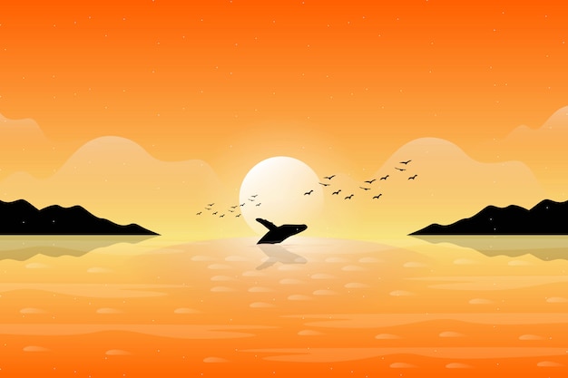 オレンジ色の夕焼け空と泳ぐクジラのイラスト プレミアムベクター