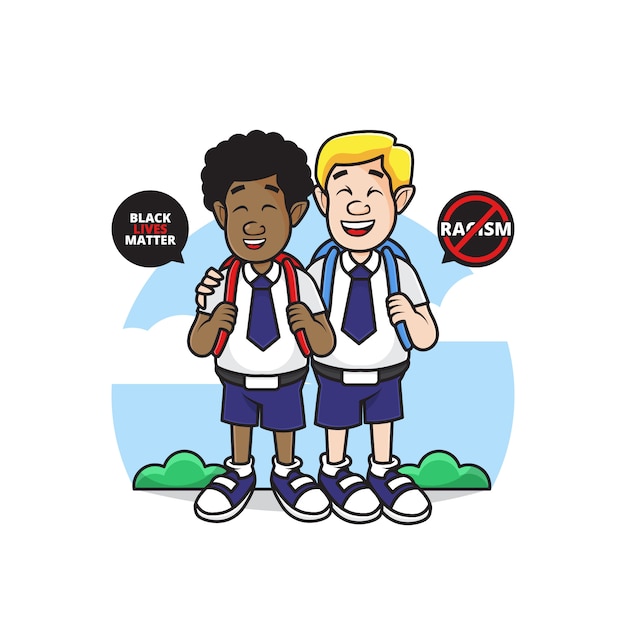 白と黒の人々のキャラクターのイラストが停止人種差別のシンボルで学校に行く プレミアムベクター