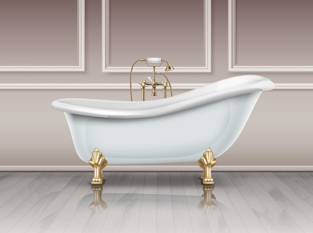金色の爪の足でビンテージスタイルの白いバスタブのイラスト 茶色の壁の背景の床でお風呂 プレミアムベクター