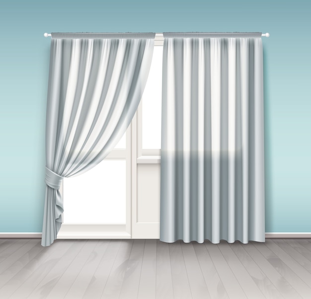 白いカーテンのイラストは白い背景で隔離のバルコニーのドアと窓に掛かる プレミアムベクター
