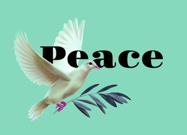 平和の白い鳩のイラストは テキストのスペースと緑の背景にオリーブの小枝を負担します プレミアムベクター