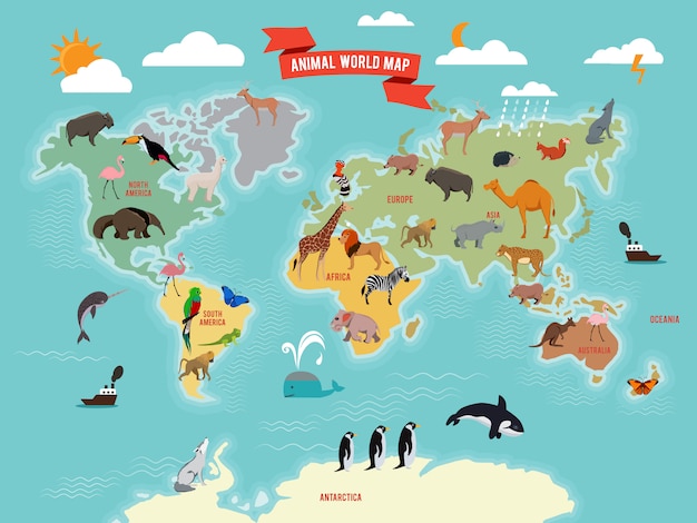 世界地図上の野生動物のイラスト プレミアムベクター
